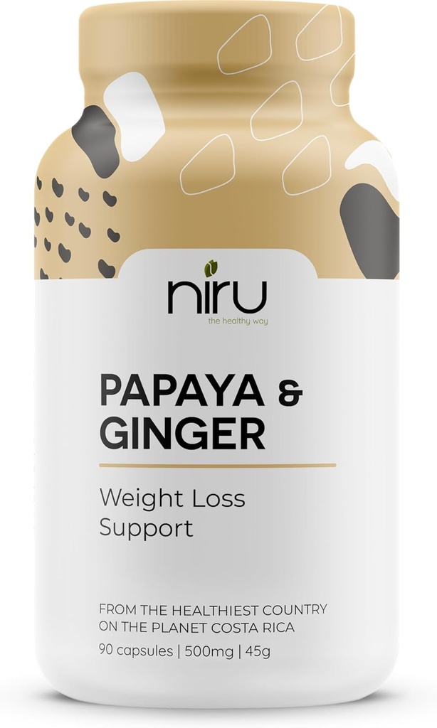 Papaya Ginger de Costa Rica - Niru Life. Blå zone Papaya Ginger Kapsler. Enkelt oprindelse Papaya Frø og Ginger Root Blend. Fordøjelsesunderstøttelse, Detox, & Metabolisme Boost. 90ct. 500mg Caps.
