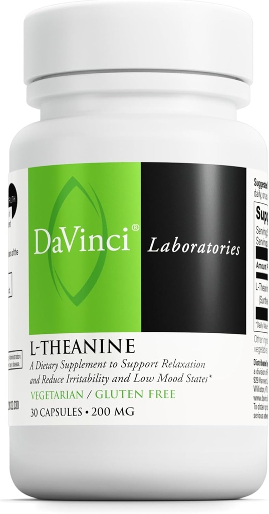 DAVINCI Labs L- Theanine - Kosttilskud til hjælp med koncentrering, fokus, afslapning og irritabilitet * - med 200 mg L- Theanine per servering - 30 vegetariske kapsler