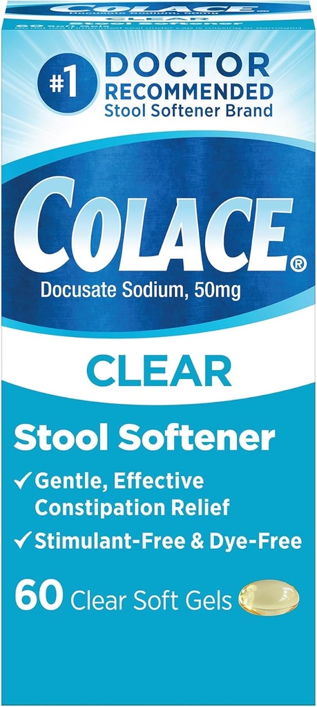 Colace Clear Afføring blødgøringsmiddel til genert effektiv Forstoppelse Relief, # 1 Doctor Anbefalet Afføring blødgøringsmiddel Mærke, Dye Free, 50 mg Docusat kapsler, 60 Greve