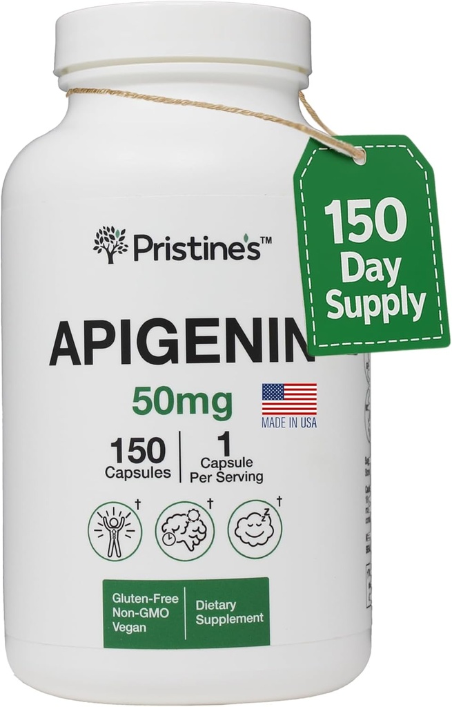 PRISTINE 'S Apigenin supplement til sovekapsler - 50mg 150 dages forsyning - Prostata & Sleep Support Fundet i kamille pulver til afslapning, sund aldring, hjerne & hjerte sundhed, & immunitet