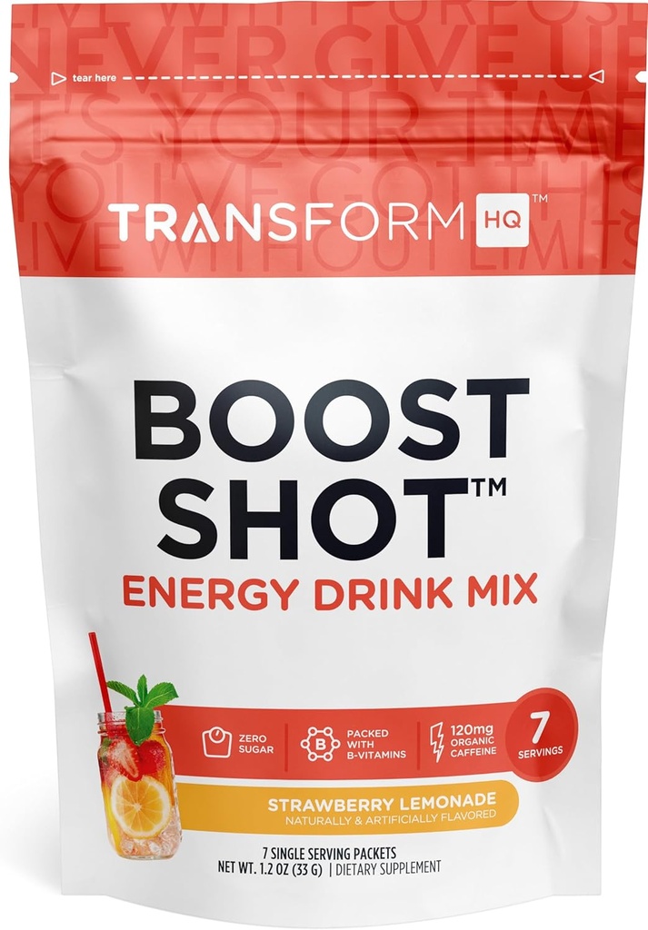 TransformHQ Boost Shot Powder Stick Pakninger, Jordbær Lemonade, 7 Pack, Energitilskud til kvinder & mænd, med koffein, Vitamin B12, B9, B6 & B3