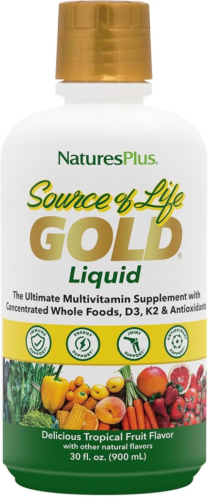 NaturesPlus Kilde til Life Gold Multivitamin Liquid 30 oz Understøtter energiproduktion, sundt immunsystem & Well- Being omfatter vitaminer D3, B12, K2 & over 120 Hele fødevarer næringsstoffer - 30 Servere