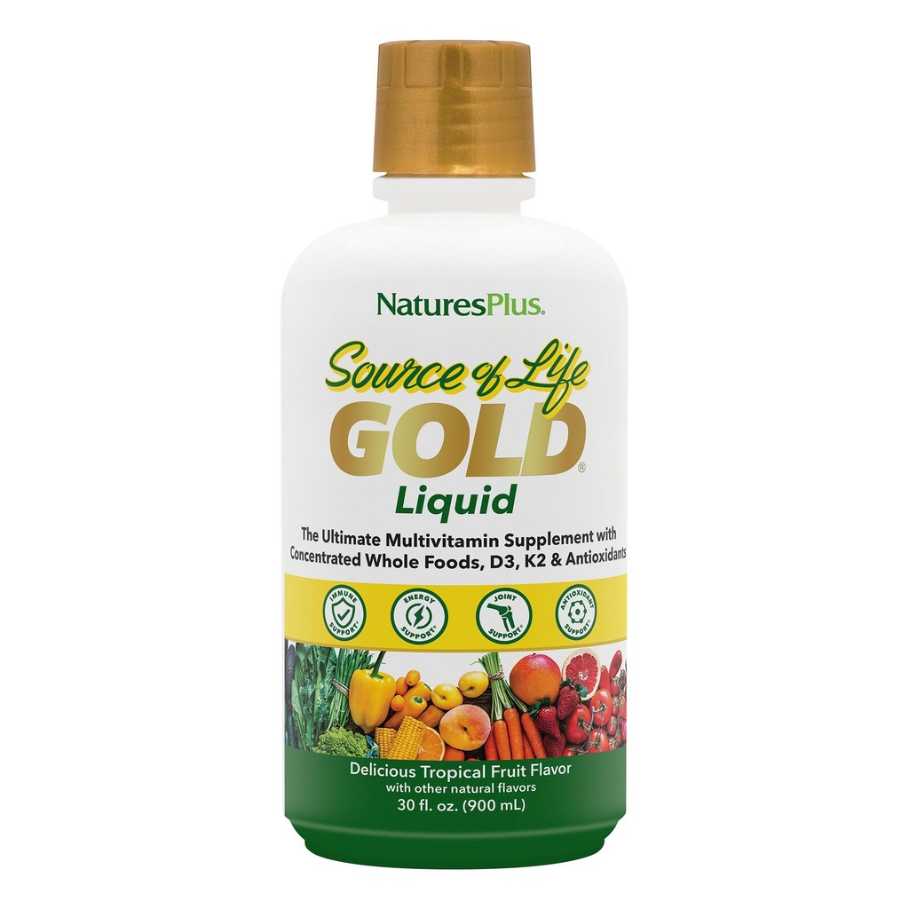 NaturesPlus Kilde til Life Gold Multivitamin Liquid 30 oz Understøtter energiproduktion, sundt immunsystem & Well- Being omfatter vitaminer D3, B12, K2 & over 120 Hele fødevarer næringsstoffer - 30 Servere