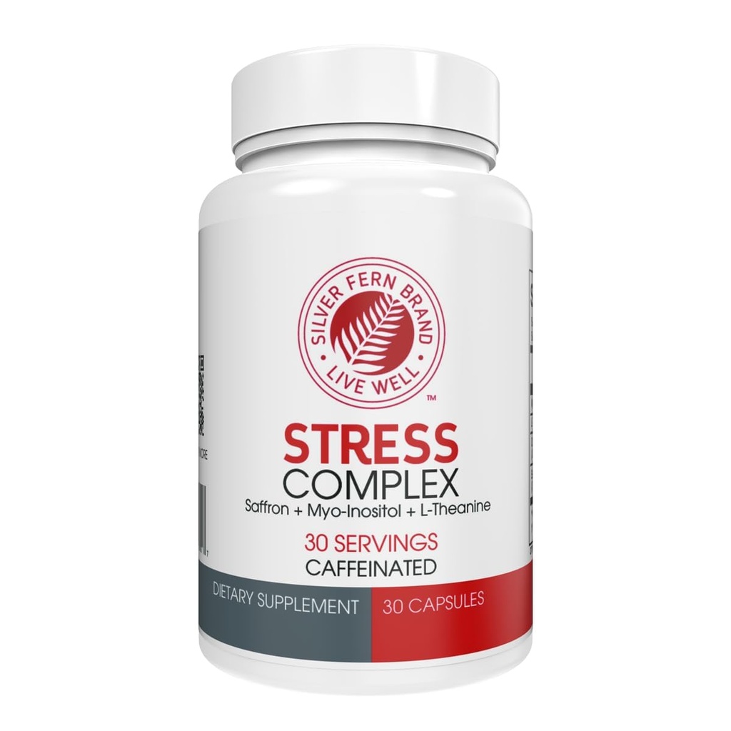 Silver Fern Stress Complex Supplement - with Caffeine - Sleep, Worry, Mood & More - with Saffron Supplements, L-Theanine Supplement, and Myo-inositol - Natural Stress Relief Supplements - 30 Servings