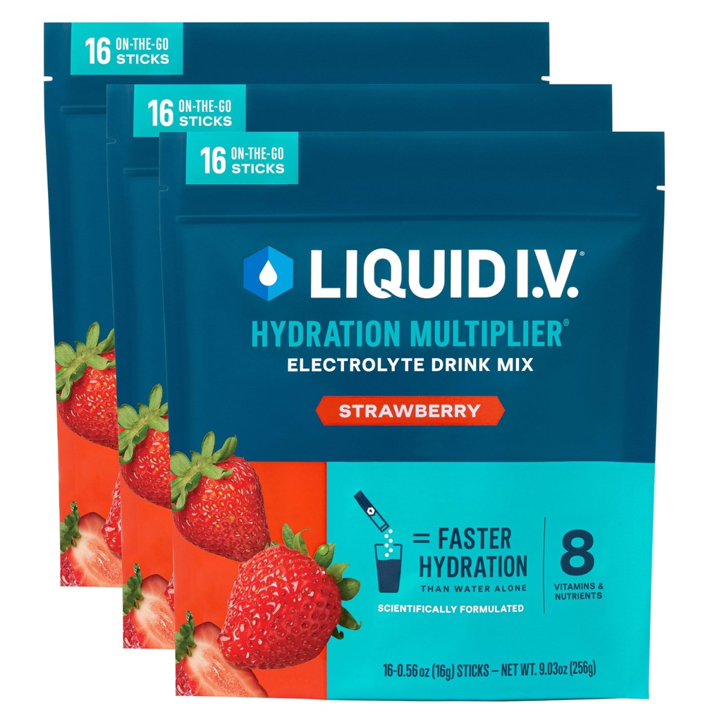 Flydende I.V. ® Hydration Multiplier - Jordbær Name 124; Elektrolyte Powder Drink Mix Blandet 124; 3 Pack (48 Servering)