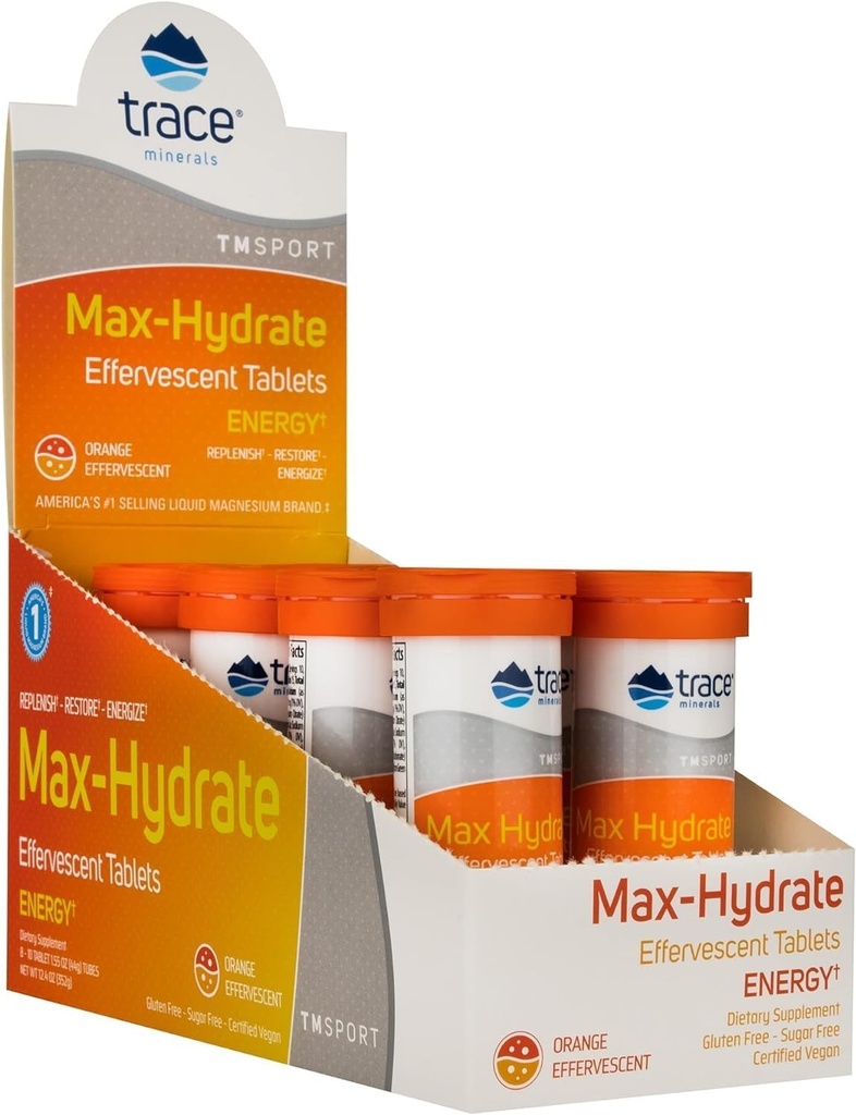 Trace Minerals Max- Hydrate Endurance - Daily Energy Support - Electrolyte Supplement til støtte mod muskelkramper - Support til støtte Hydration - Orange, 10 Tabs (80 Servere)