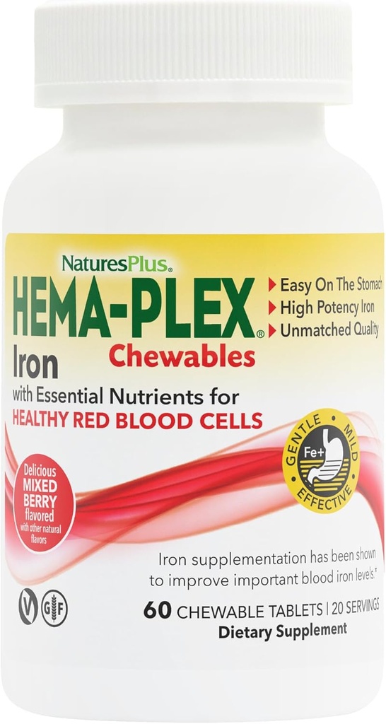 Natures Plus Hema- Plex Iron - 60 Blandede berry tyggetabletter - 85 mg Elementalt jern - Total Blood Health - med C-vitamin & bioflavonoider - non-GMO, Vegan & Gluten Free - 20 Servere