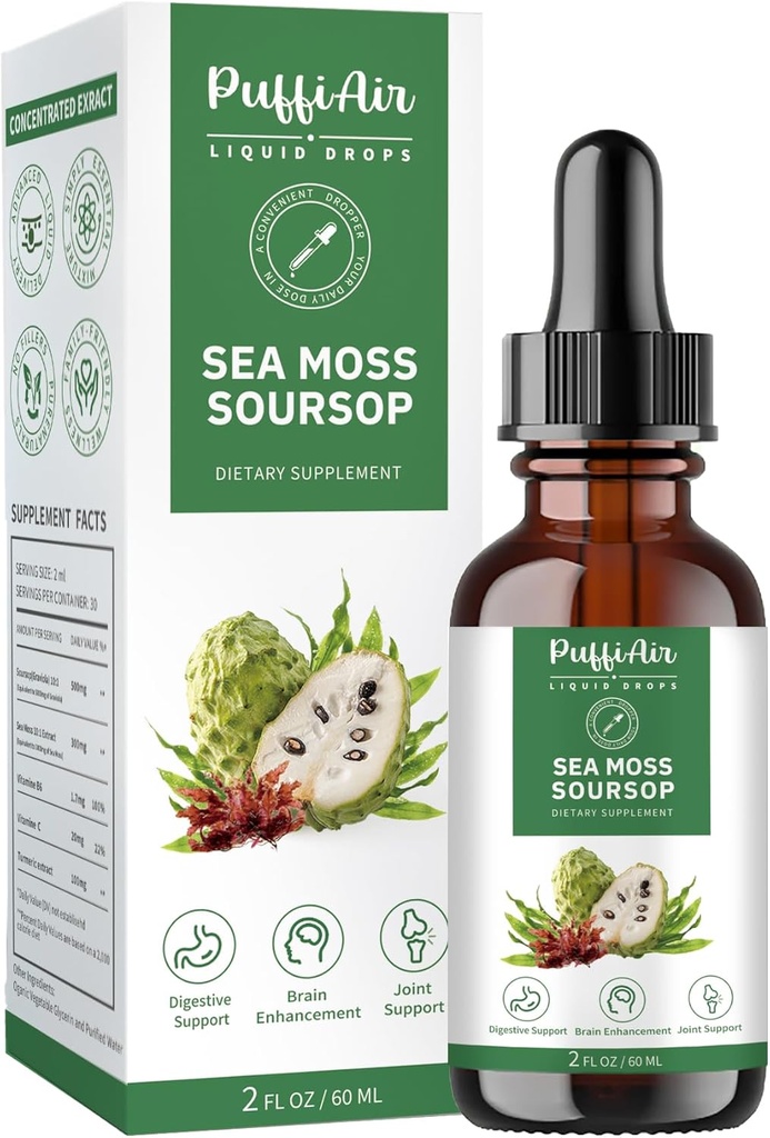 PUFFIAIR Soursop (Graviola) & Sea Moss Liquid Drop for Cell Support & Regeneration, Immunboost, Slap af, lever og søvn, urteudtræk, sukker / gluten fri, naturlig smag, 2 Fl Oz / 60ml