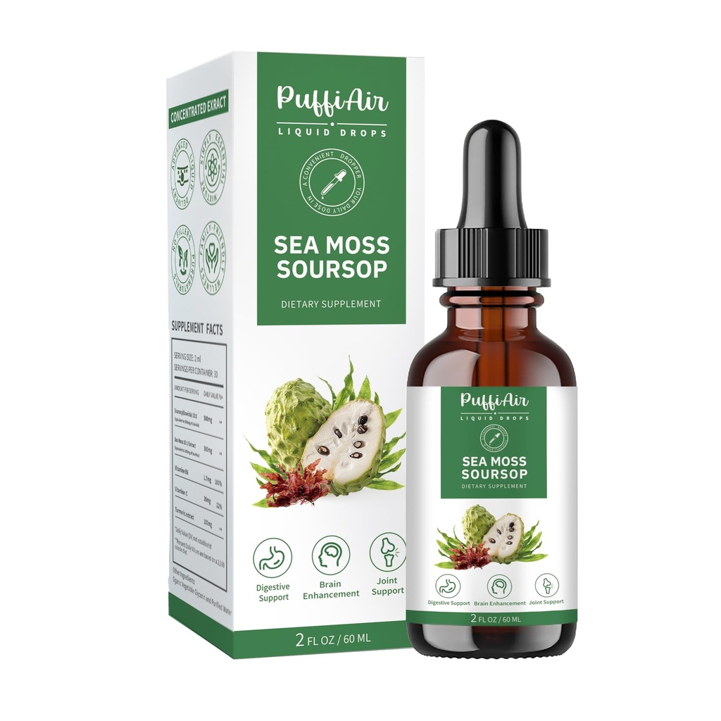 PUFFIAIR Soursop (Graviola) & Sea Moss Liquid Drop for Cell Support & Regeneration, Immunboost, Slap af, lever og søvn, urteudtræk, sukker / gluten fri, naturlig smag, 2 Fl Oz / 60ml