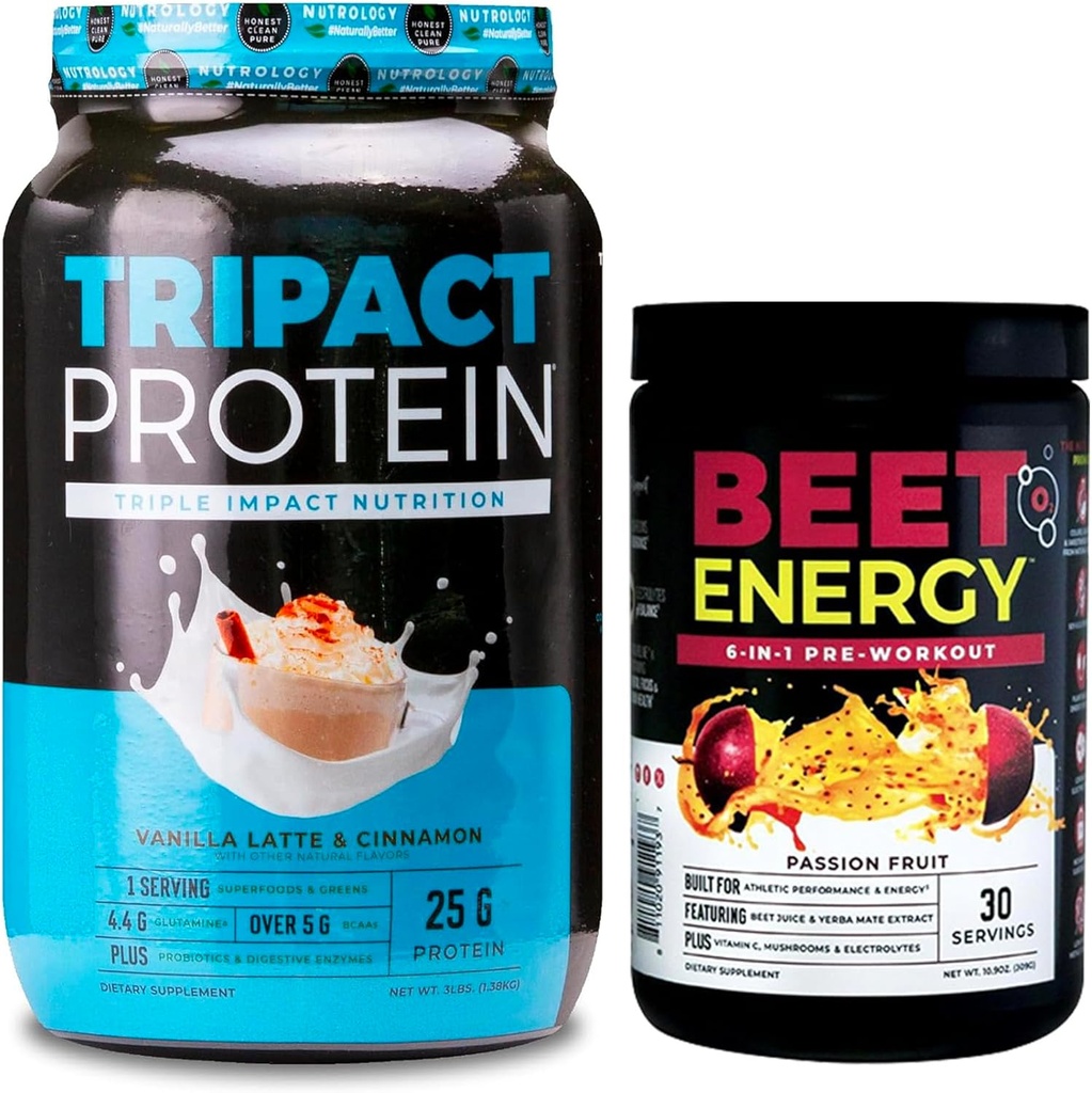 Nutrologi TRIPACT Protein Powder, 7- in-1 Meal Erstatning Shake, Vanilla Latte Cinnamel Flavor (40 Servere) Beet Natural O2, Pre Workout Powder, Passion Fruit Flavor (30 Servere)