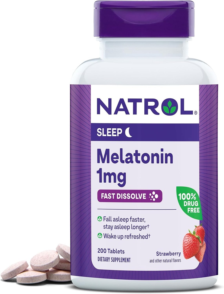 Natrol Fast Opløs Melatonin 1 mg, Kosttilskud til afslappende søvn, sovestøtte til voksne, 200 Strawberry- Flavored Melatonin tabletter, Op til en 200 dages forsyning