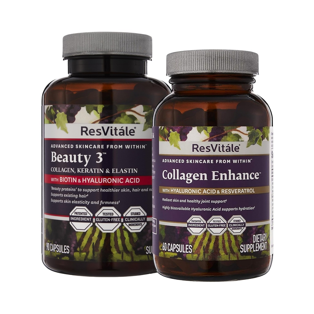 ResVitale skønhed 3 - hudpleje supplement med kollagen, Keratin & Elastin - 90 kapsler & kollagen forbedring - skønhed supplement med hyaluronsyre & Resveratrol - 60 kapsler