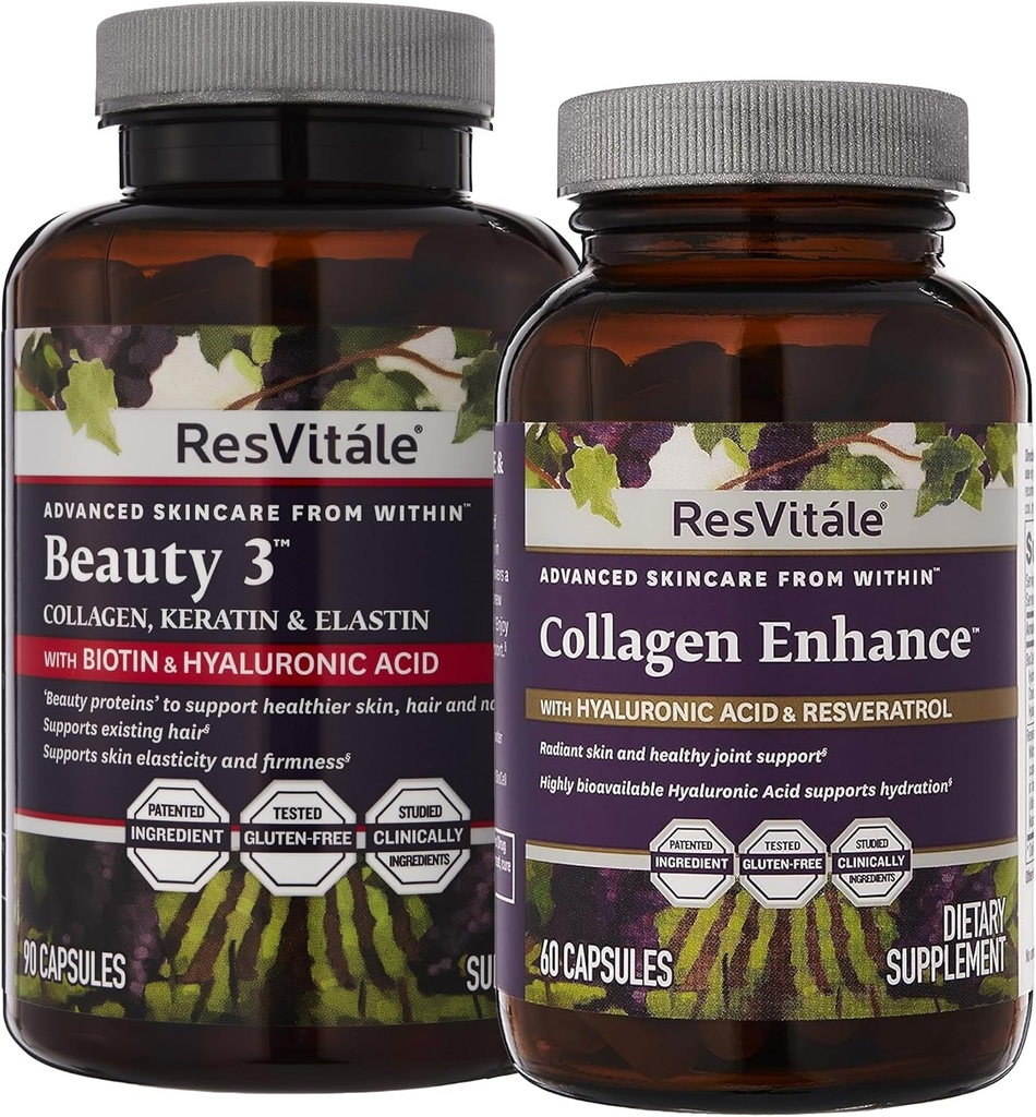 ResVitale skønhed 3 - hudpleje supplement med kollagen, Keratin & Elastin - 90 kapsler & kollagen forbedring - skønhed supplement med hyaluronsyre & Resveratrol - 60 kapsler