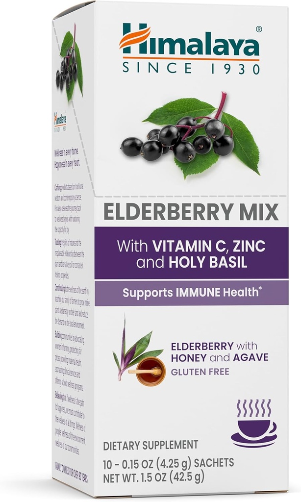 Himalaya Elderberry Mix, Drink Mix Supplement, Immune Support with Elderberry, Zinc, Vitamin C and Holy Basil, Caffeine Free, 10-0.15 oz (4.3 g) Packets, Easy to Mix, Gluten Free