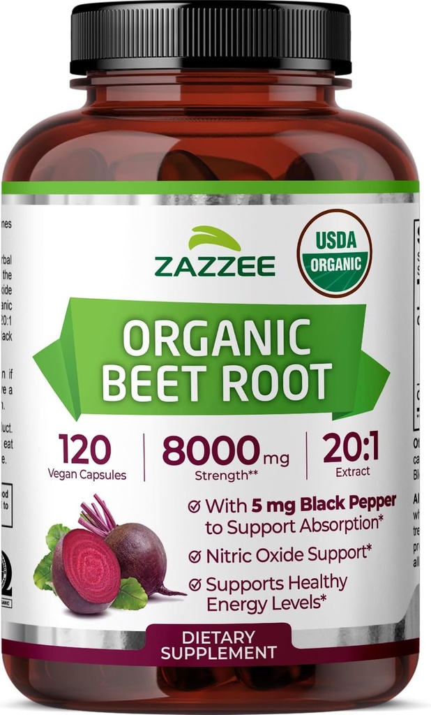 Zazzee USDA Organic Beet Root 8000 mg Strength 20:1 Extract, 120 Vegan Quick Release Capsules, Black Pepper Extract for Enhanced Absorption, Supports Nitric Oxide Production, Non-GMO, Made in The USA