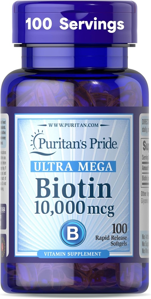 Puritans Pride Premium Ultra Mega Biotin 10,000mcg, Kosttilskud til sundt hår, hud, negle og energi Metabolisme Support, 100 Day Supply, 100 Rapid Release Softgels