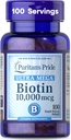 Puritans Pride Premium Ultra Mega Biotin 10,000mcg, Kosttilskud til sundt hår, hud, negle og energi Metabolisme Support, 100 Day Supply, 100 Rapid Release Softgels