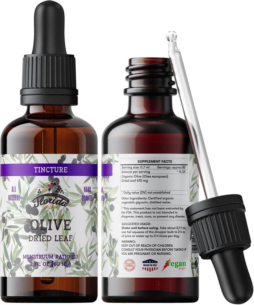 Økologisk Olive Leaf Tinktur, Olive Extract Liquid (Olea europaea) Tørret Leaf Urte Supplement, Non-GMO i Cold- Pressed Organic Vegetabilsk Glycerin, 700 mg, 2 oz (60 ml)
