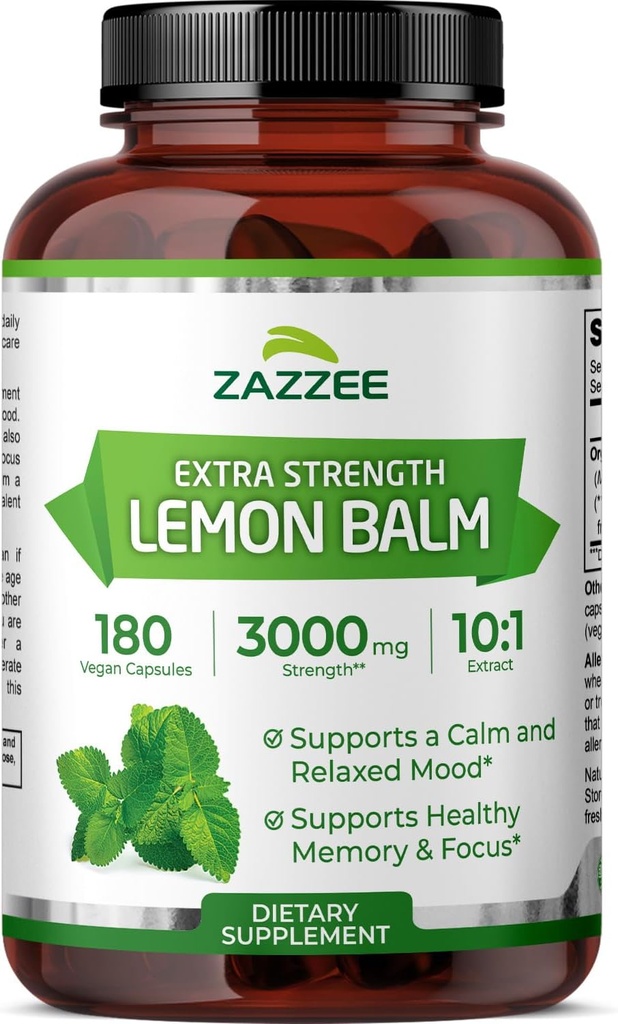 Zazzee Organic Lemon Balm 10: 1 Extract, 3000 mg Styrke per kapsel, 180 Vegankapsler, 6 Måned Supply, Standardiseret og koncentreret 10X Extract, 100% Vegetarisk, All- Natural og Non- GMO