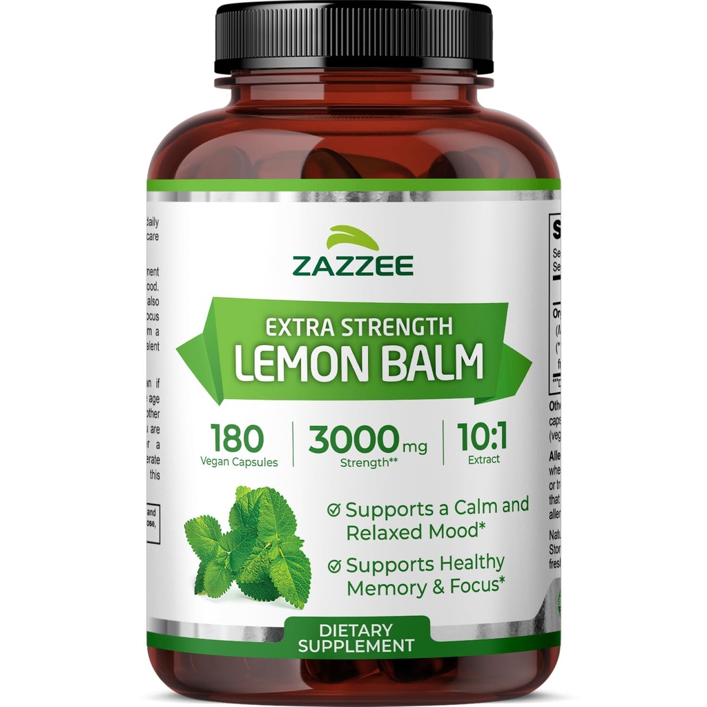 Zazzee Organic Lemon Balm 10:1 Extract, 180 Vegan Capsules, 6 Month Supply, Melissa Officinalis, Calm, Mood, Stress & Relaxation Support, Herbal Supplement, All-Natural, Non-GMO, Made in the USA