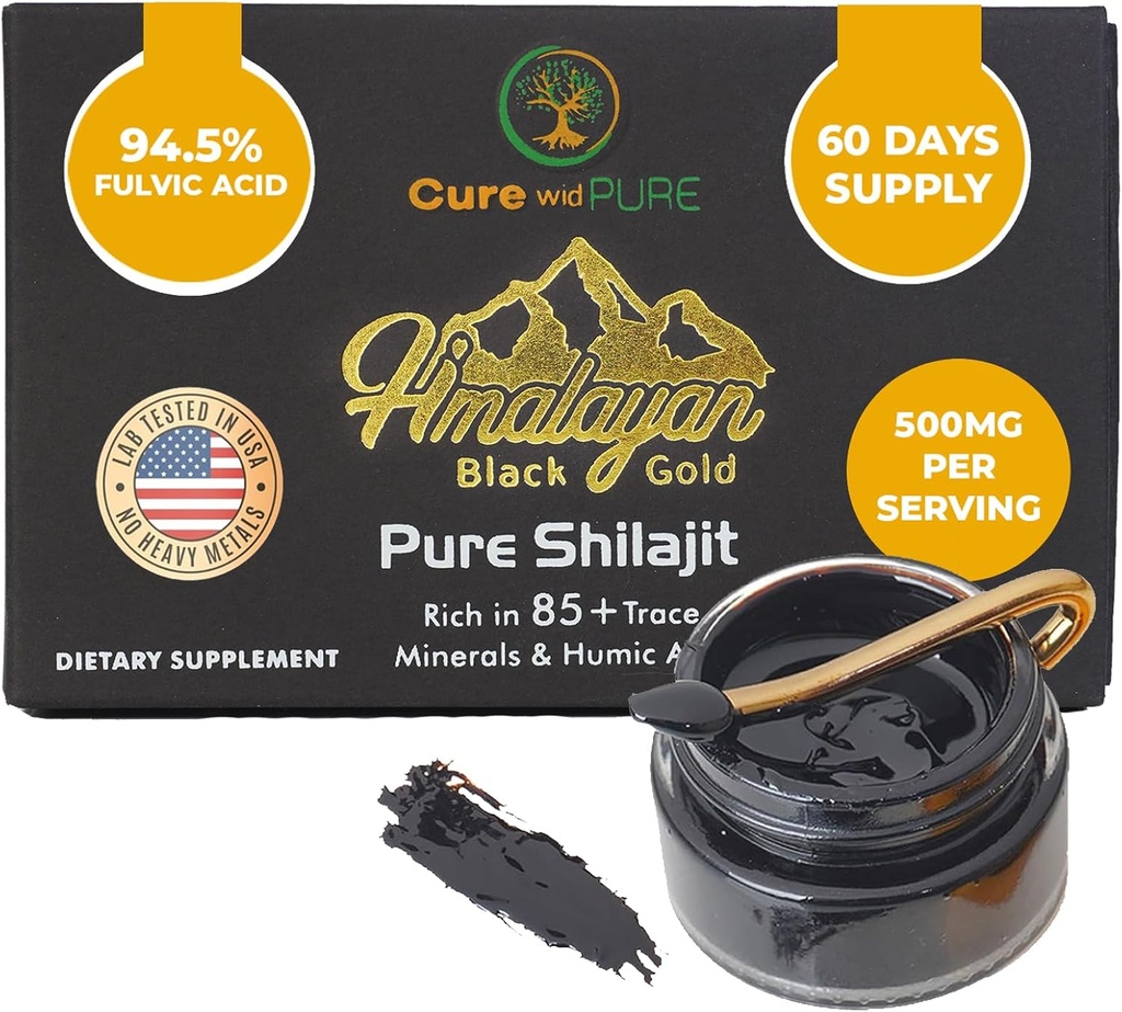 Cure wire Pure Himalayan Shilajit for mænd og kvinder - 94,5% Fulvic Acid Resin, 500 mg 60 Servering - USA Lab- Testet Organic Adaptogen for Energy, Vitality & Hormonal Balance