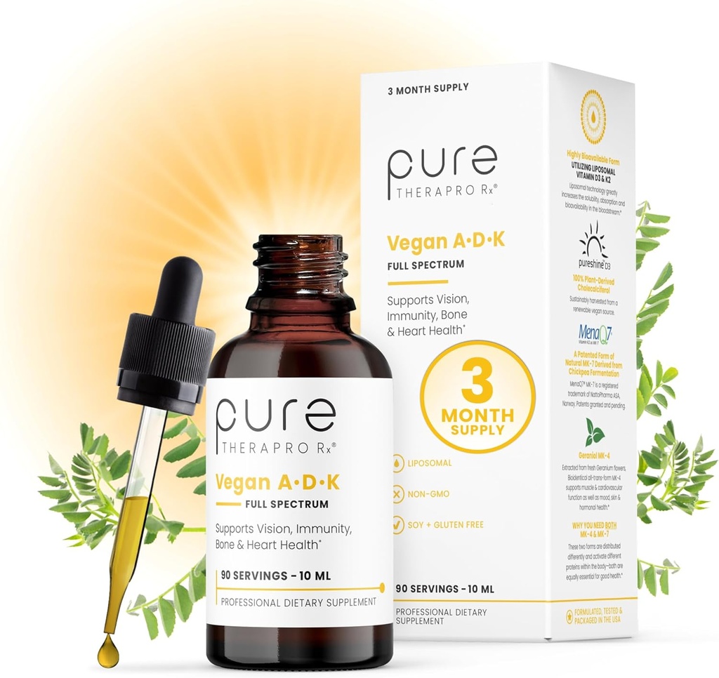 Pure Therapro Rx Vegan A- D- K Dryps 10 Ml, Made in United States - 124; 3 Month Supply - 124; Vitamin A (Palmitat), Liposomal Vitamin D3 (Pureshine), Liposomal Vitamin K2 (MK-4 & MK- 7) Understøtter Immunitet og ben sundhed