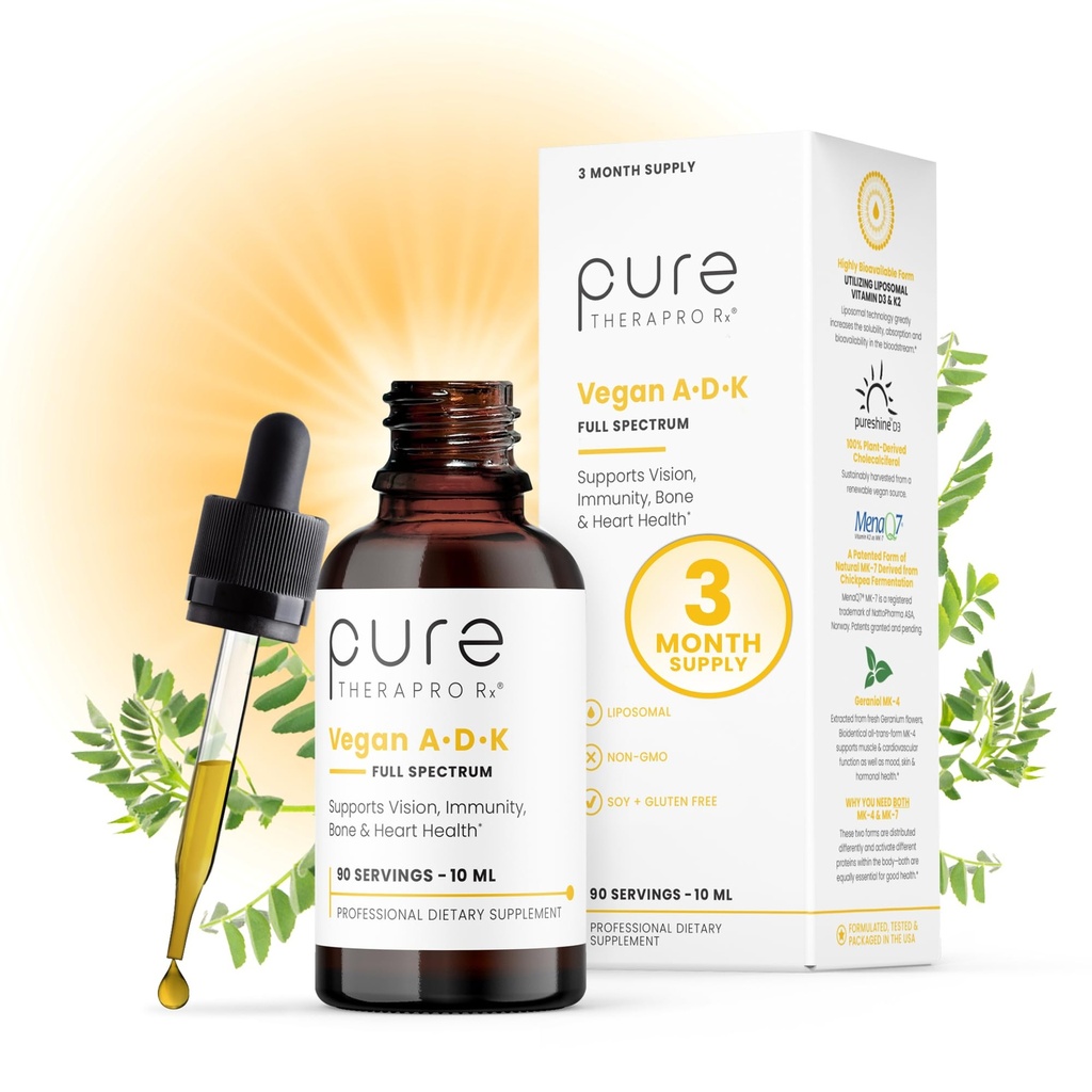 Pure Therapro Rx Vegan A-D-K Drops 10 Ml, Made in USA | 3 Month Supply | Vitamin A (Palmitate), Liposomal Vitamin D3 (Pureshine), Liposomal Vitamin K2 (MK-4 & MK-7) Supports Immunity & Bone Health