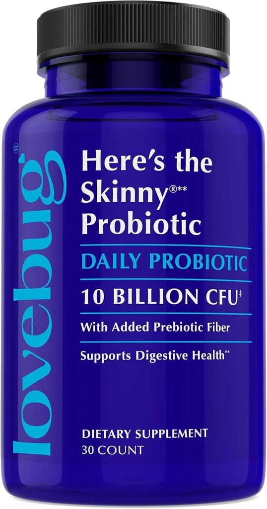 LOVEBUG Skinny Prebiotika og Probiotika til kvinder fordøjelsesmæssig sundhed & immunforsvar - 10 milliarder CFU Probiotiske strands Gut sundhed, gas, obstipation og bloating, 30ct