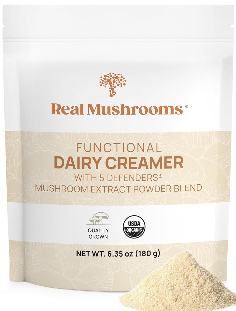 Real Mushrooms Functional Dairy Creamer med Mushroom Extracts - Sødet med Organic Lucuma & Maple Powder - Functional Organic Cream - 90 Servering, Tea, Smoothie & Coffee Creamer Powder