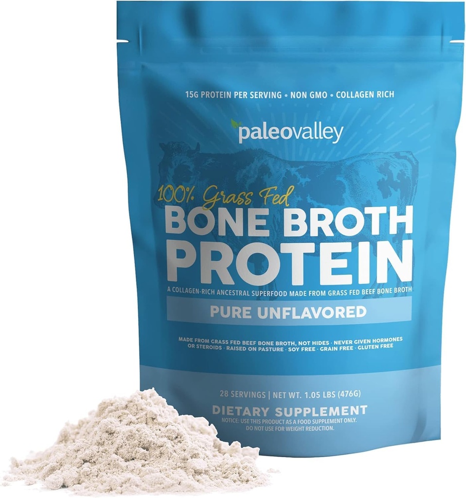 Paleodal 100% Grass Fed Beef Bone Broth Protein Powder - Rich in Collagen Peptider til hår, hud, tandkød, ben og fælles støtte - 15g Protein Per Servering - Ingen gluten eller GMO 'er
