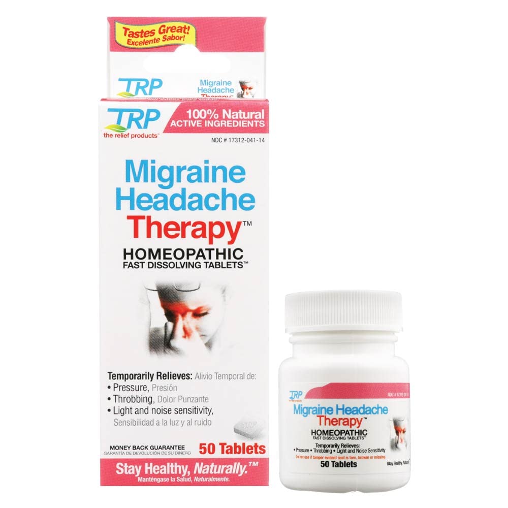 Relief produkter Migrane Hovedpine Terapi - 100% Natural Aktive Ingredienser - Lindrer Throbbing, Tryk, Lysfølsomhed, Migræne - Hurtig opløsning tabletter - 50ct
