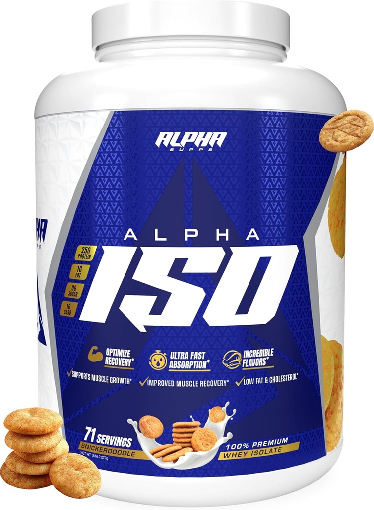 Alpha Supps ISO, Lav Carb 100% Whey Protein Isolate Powder, 25 Bedste Per Servering, Hjælper Support Muskelvækst, Lavsukker og Gluten Free (Snicker Doodle, 5 LB)