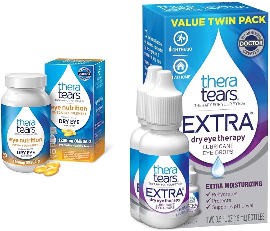 TheraTears Omega 3 Supplement, 1200mg, 90 ct (pakke med 1) & Ekstra tør øjenterapi Smøremiddel øjendråber til tørre øjne, 0,5 fl oz flaske, 2 Tæl