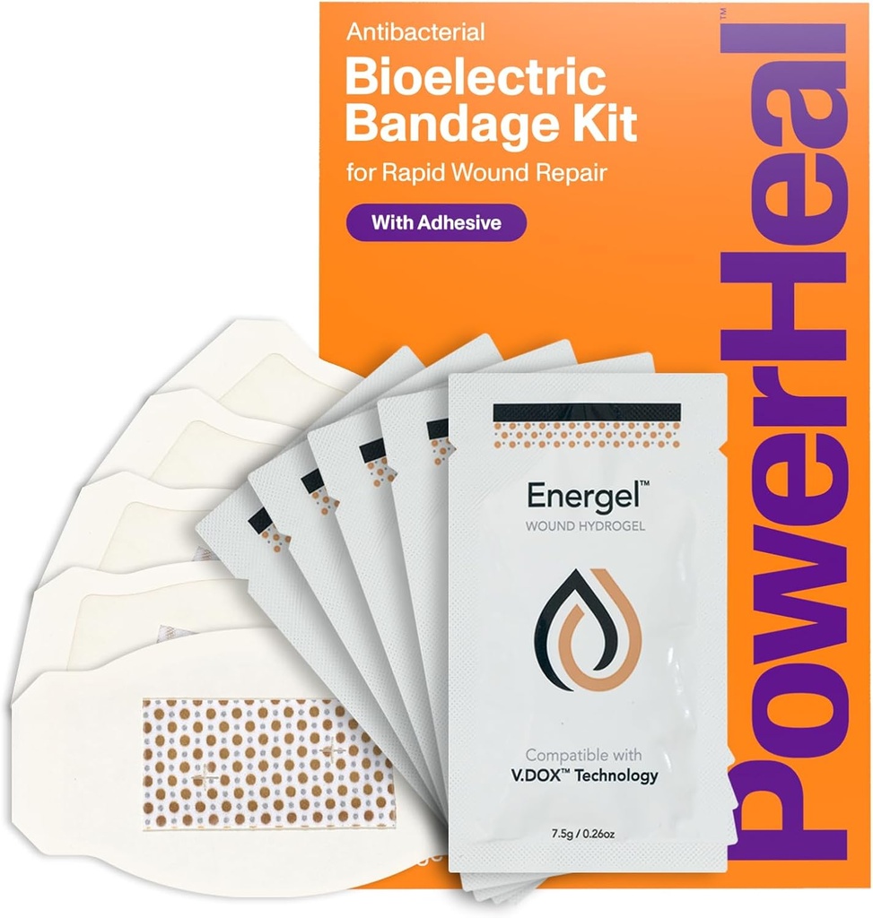 PowerHeal Bioelectric Bandage Kit til Sår Care & Fast Healing - 3-Layer w / Bioelectric Pad, Absorbent Pad, Adhesive + Sår Hydrogel - til Cuts, Abrasions, Blisters, Burns - 5-Pack, 2,3 "x 3,5"