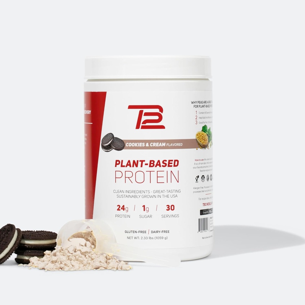 TB12 Plantebaseret protein pulver af Tom Brady, 24g Vegan Pea Protein, Low Sugar, Low Carb, Non- GMO, Meal Erstatning, Keto Friendly, Paleo, Sugar Free, Cookies og Cream Flavor (30 Servere)