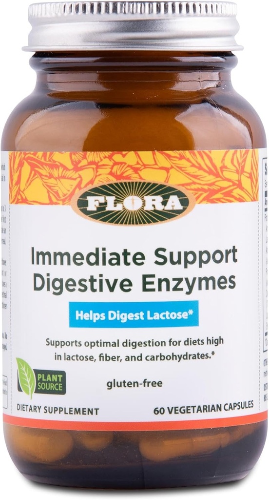 Flora - Øjeblikkelig støtte fordøjelsesenzymer - Understøtter laktosefordøjelse, Bloating, Heartburn & Gas - Indeholder 7 enzymer - Glutenfri - 60 vegetariske kapsler