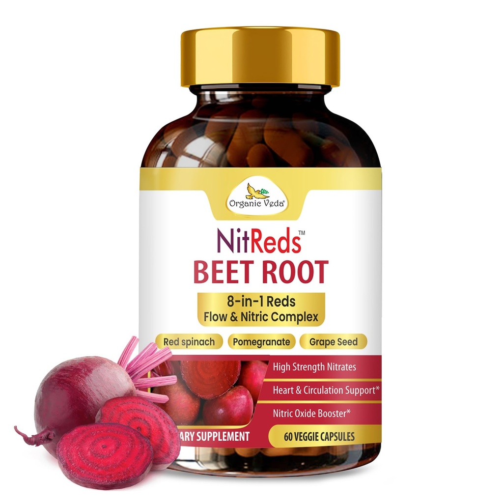 Organic Veda Beet Root Triple Reds Flow & Nitric Oxide Supplement, 20: 1 Extract -High Strength Nitrates Supplements with Super Red Foods Beetroot, Pomegranat, Red Spinach Extract, 60 Capsule