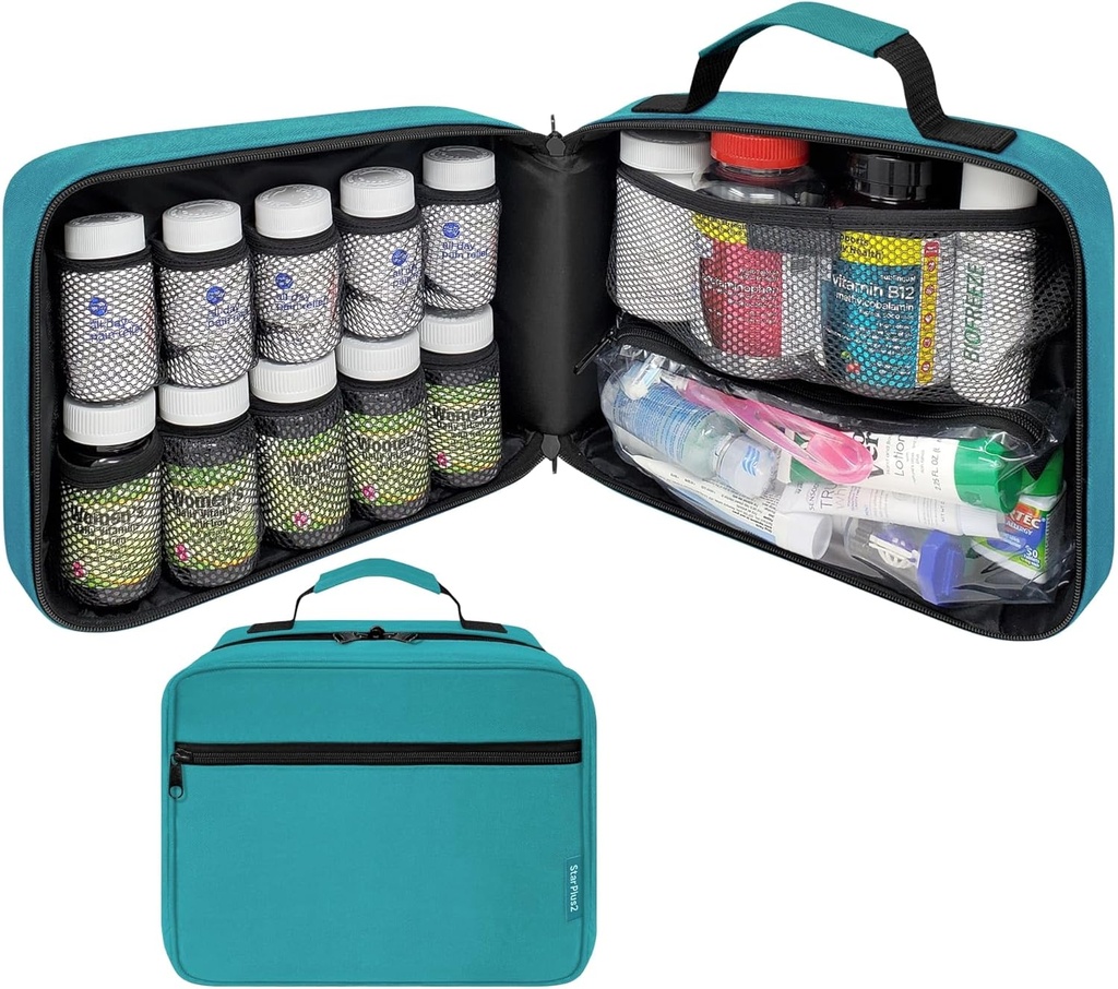 Stor polstret pilleflaske Organizer, Medicine Bag, Case, Carrier for Medicin, Vitaminer, og medicinske forsyninger - Rejse Medicin Organizer og Home Storage Med Bag - Turkis (uden lås