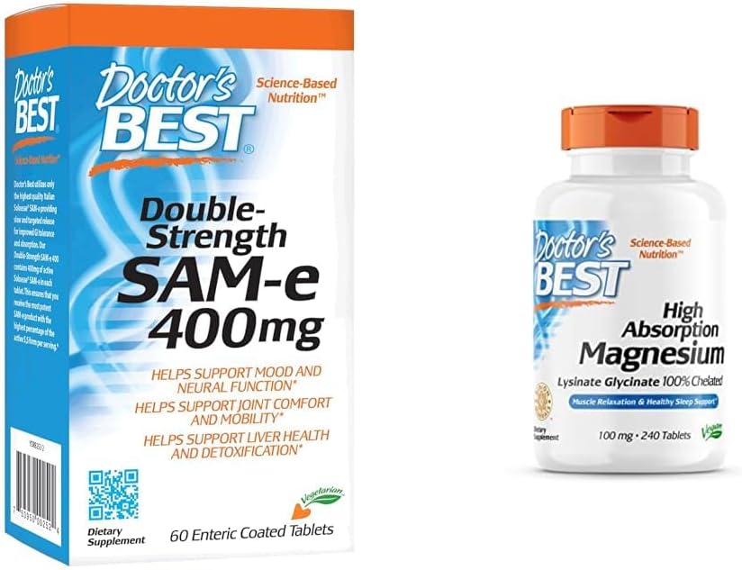 Doctor's BEST SAM-e 400 mg, Vegan, Gluten Free, Soy Free, Mood and Joint Support, 60 Enteric Coated & High Absorption Magnesium Glycinate Lysinate, 100% Chelated, Non-GMO, Vegan, Gluten