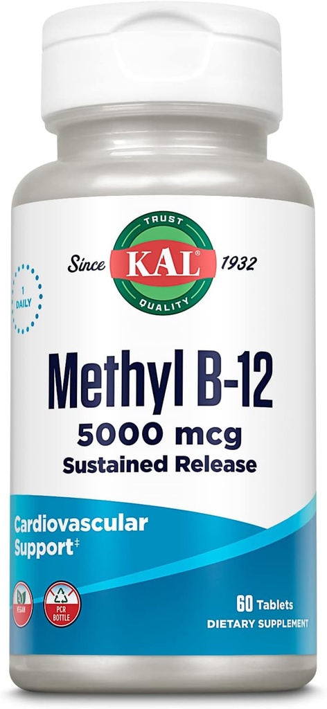KAL Vitamin B12 Methylcobalamin 5000mcg, sund energi, Metabolisme, Nerve & Red Blood Cell Support, * Hurtig opløsning ActivMelts, Optimal Absorption, Natural Raspberry Flavor, 90 Servering, 90 Micro Tabs