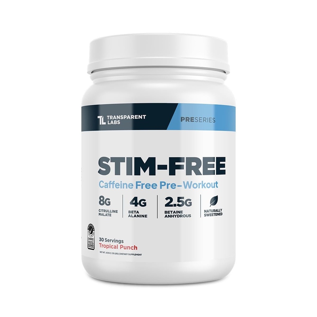 Gennemsigtige Labs Stimulerende gratis Pre- Workout - Koffein & Stim Gratis Pre Workout Pulver til mænd og kvinder med Beta Alanine Powder, Citrullin Malat, & elevatP - 30 Servering, Tropical Punch