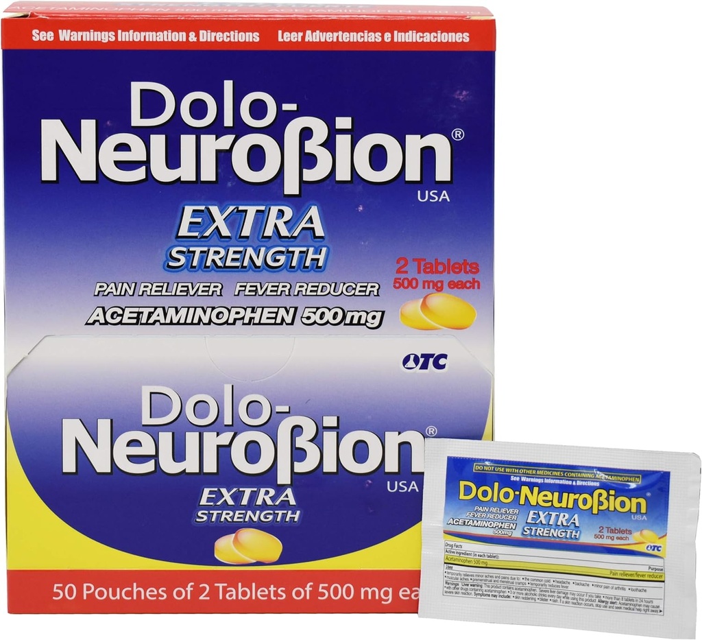 Neurobion Dolo Pain Reliever, Feber Reducer, Extra Strength, Fuerte, Asyl Dolor, Reducer la Fiebre Dispenser 50 x 2 tabletter