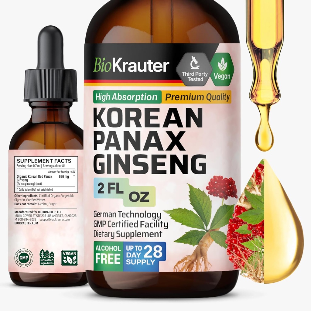 BIO KRAUTER Panax Ginseng Extract Liquid - Koreansk Rød Ginseng tillæg Alkohol fri - immunstøtte - Vegan, Sukker fri - 2 Fl.Oz.