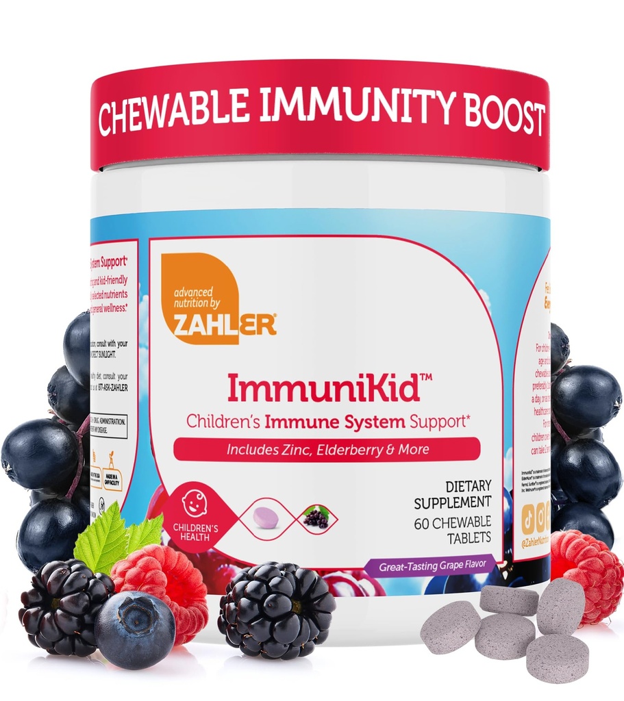 Zahler Kids immunforsvar supplement med Elderberry, Zink og C-vitamin D3 A - Grape Flavored Chewable Tablets - Kosher for børn i alderen 4 og op, 60 Greve
