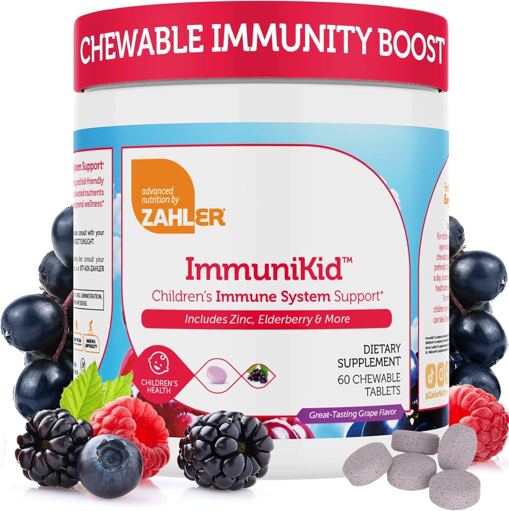 Zahler Kids immunforsvar supplement med Elderberry, Zink og C-vitamin D3 A - Grape Flavored Chewable Tablets - Kosher for børn i alderen 4 og op, 60 Greve