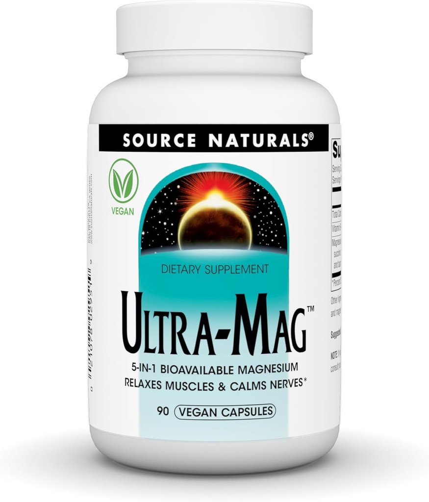 Source Naturals Ultra-Mag, Vegansk Kosttilskud, 5i1 Biotilgængelig Magnesium, Relaxs Muskler & Kalmer Nerves *, Vegansk Kapsler (90)