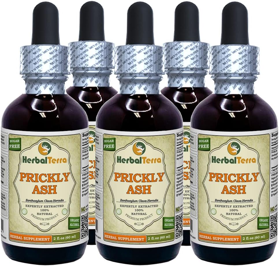 Prickly Ash (Zanthoxylum Clava- herculis) Tinktur, Tørret Bark Liquid Extract (Brand Name: HerbalTerra, Stolt Lavet i USA) 5x2 fl.oz (5x60 ml)