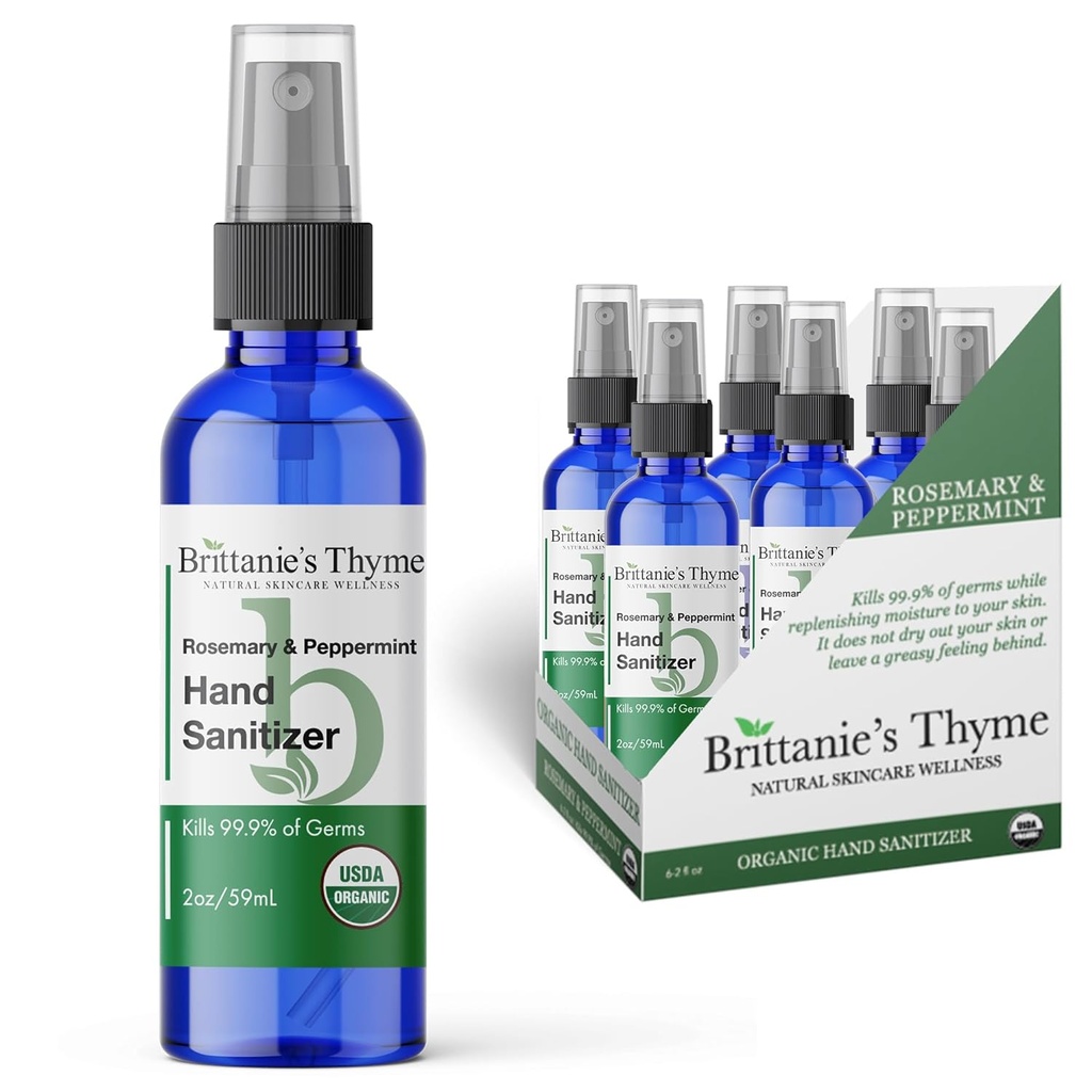 Brittanie's Thyme Organic Travel Hand Sanitizer Spray, Rosemary & Peppermint 2oz 6 Count | Vitamin E Aloe Moisturizing | Non Greasy & Replenishes Moisture & Nourishes Skin