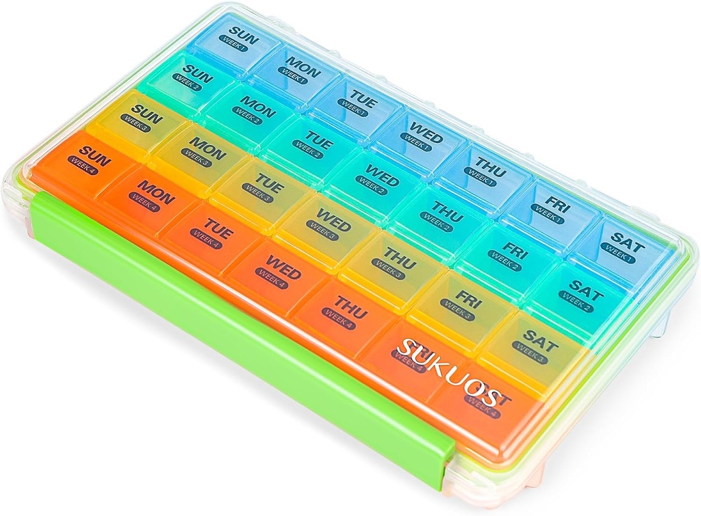 Sukuos Monthly Pill Organizer 4 Uge, Stor Pill Box Let at åbne, Fugt / Dust- Bevis sager for Måned Vitamin / Fish Oil / Kosttilskud med Clear Lid