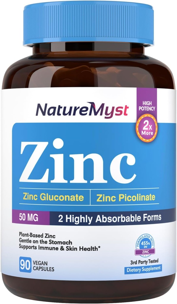 Zink, stærkt Absorberet Zink Gluconate & Zink Picolinate, 50 mg af Elemental Zink, Dødbringende på Maven, Immunsystemet, Cell & Skin Health, 90 Vegan Caps
